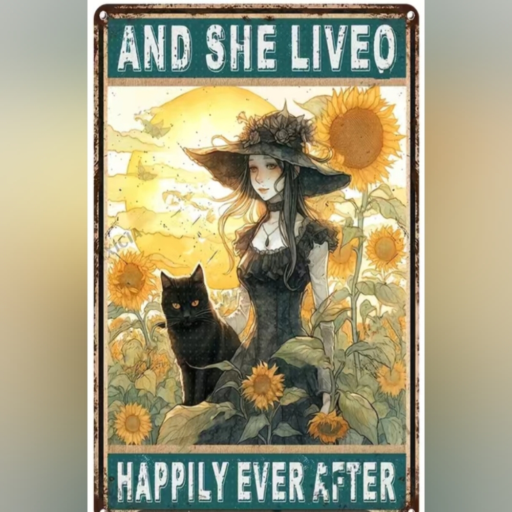 Witch Hat Girl & Black Cat Aluminum Decorative Sign